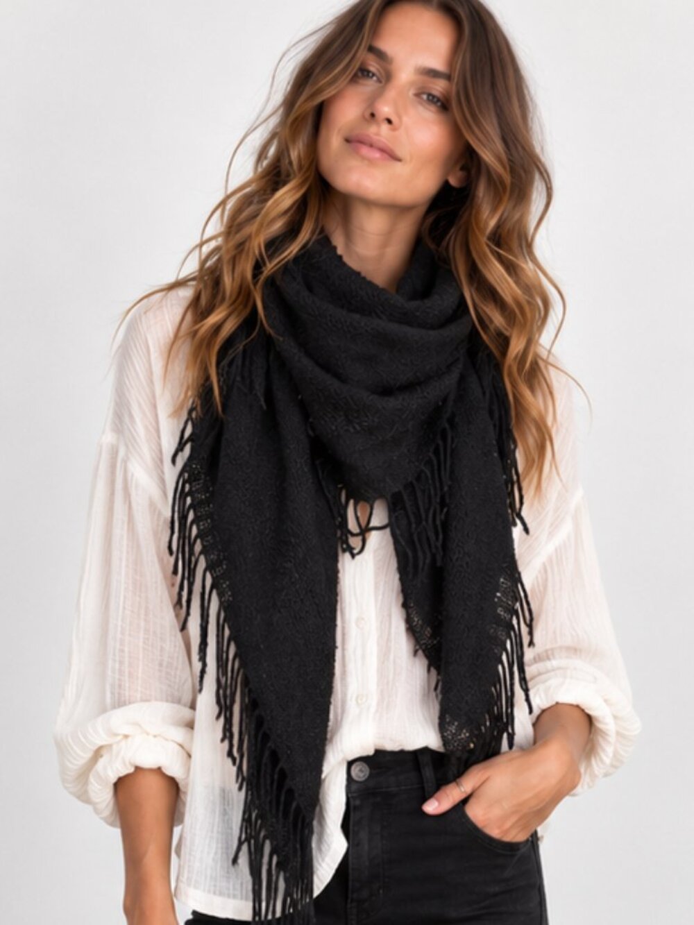 Black Triangle Scarf Oversized Knit Fringe Shawl Wrap Asymmetrical Goth Boho GUC